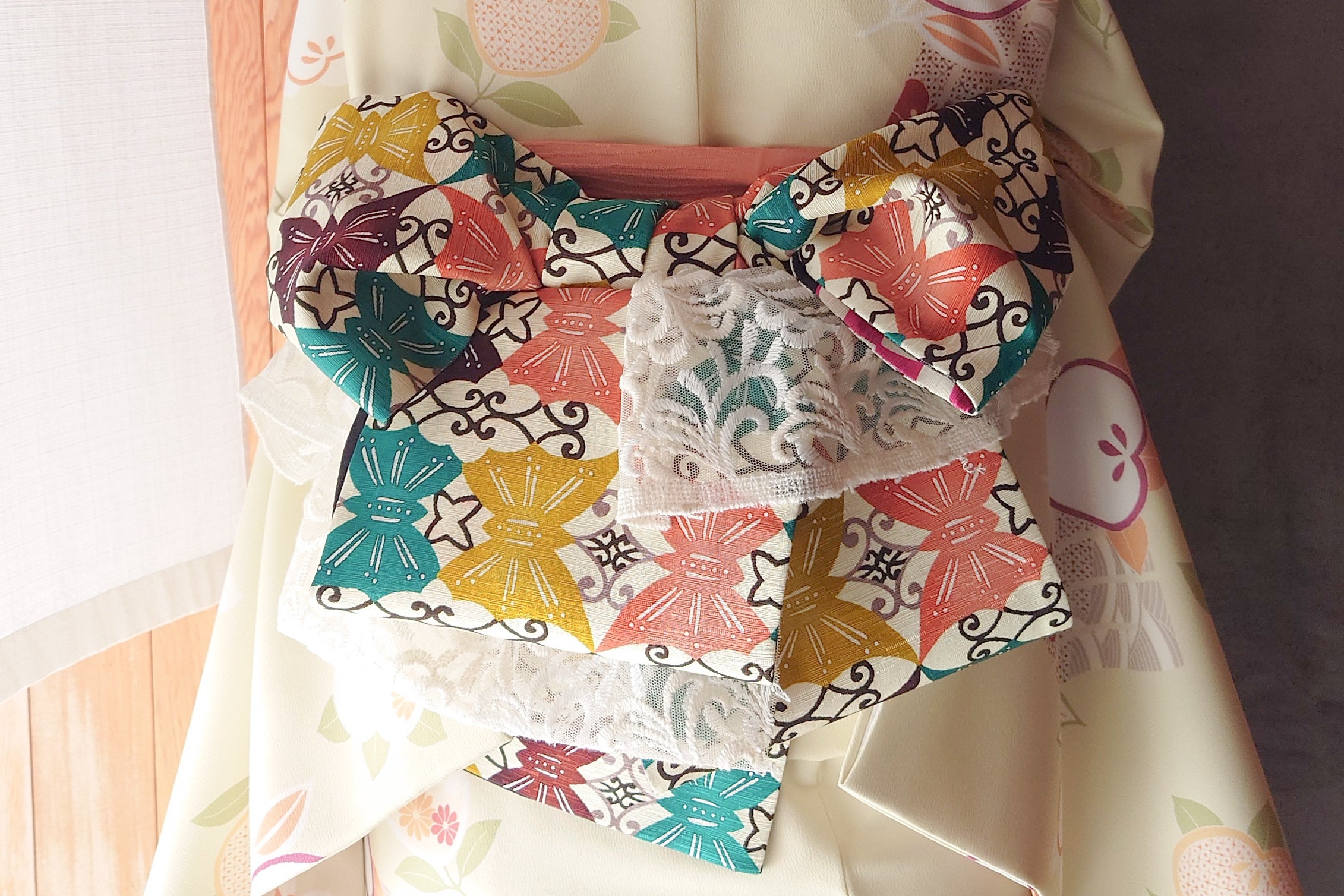 予約｜帯結びにレース｜京都着物レンタル｜キモノレンタルとオムスビの